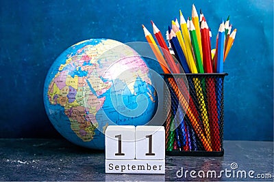 September 11 on the wooden calendar.The eleventh day of the autumn month, a calendar for the workplace. Autumn Stock Photo