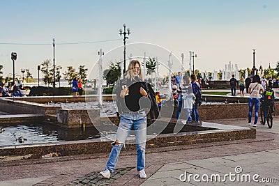 September 15, 2018, Yaroslavl. Arrow, people walk along the beautiful promenade Editorial Stock Photo