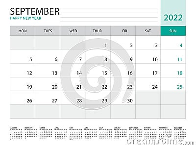 September 2022-Calendar 2022 template vector on green background, week start on monday, Desk calendar 2022 year, Wall calendar Vector Illustration