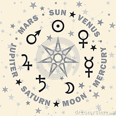 The Septener. Star of The Magicians. Seven planets of Astrology. Vector Illustration