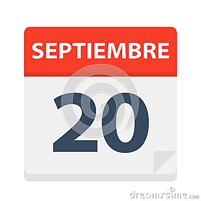 Septiembre 20 - Calendar Icon - September 20. Vector illustration of Spanish Calendar Leaf Stock Photo