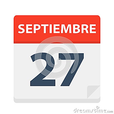 Septiembre 27 - Calendar Icon - September 27. Vector illustration of Spanish Calendar Leaf Stock Photo