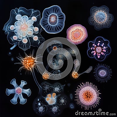 Sequence of evolving bacteria showcasing diverse forms and structures under microscope. Generative AI Stock Photo