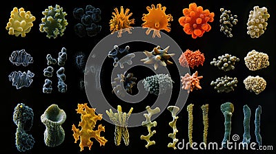 Sequence of evolving bacteria showcasing diverse shapes and structures over time in a laboratory setting. Generative AI Stock Photo