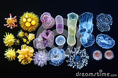 Sequence illustrating the evolution of various bacterial forms in a laboratory setting within a microscope environment Stock Photo