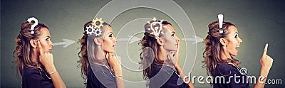 Sequence of a woman thoughtful, thinking, finding solution with gear mechanism, question, exclamation, lightbulb symbols. Stock Photo