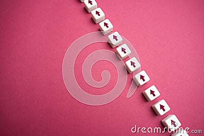 Sequential chain of arrows. Set course, make your way. Moving forward, step by step. Motivation, self-development. Strategic Stock Photo