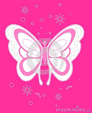 Sequin butterfly embroidery on pink background Vector Illustration