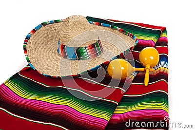 Serape, sombrero and maracas on a white background Stock Photo