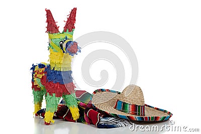 Serape, sombrero and pinata on white Stock Photo