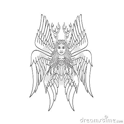 Seraph or Seraphim a Six-Winged Fiery Angel with Six Wings and Deer Antlers Tattoo Style Black and White Vector Illustration