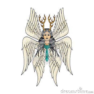 Seraph or Seraphim a Six-Winged Fiery Angel with Six Wings and Deer Antlers Tattoo Style Full Color Cartoon Illustration