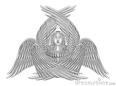 Seraphim angel, six winged Ange. vintage engraving drawing style Vector Illustration