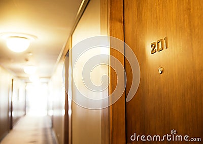 SERBIA, BELGRADE - MAY 30, 2017. Hotel room. The door to the hot Editorial Stock Photo