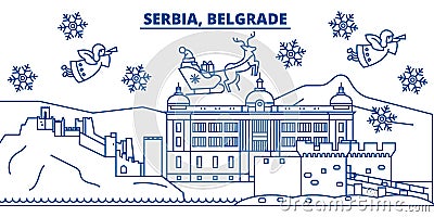 Serbia, Belgrade winter city skyline. Merry Christmas, Vector Illustration