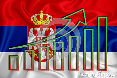 Serbia flag with a graph of price increases for the country`s currency. Rising prices for shares of companies and cryptocurrencie Stock Photo