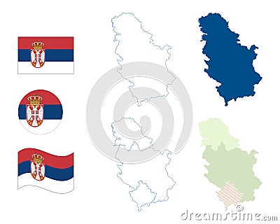 Serbia map. Detailed blue outline and silhouette. Administrative divisions and autonomous provinces. Country flag. Set of vector m Vector Illustration