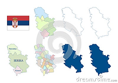 Serbia map. Detailed blue outline and silhouette. Administrative divisions. Autonomous provinces and districts. Country flag. Set Vector Illustration