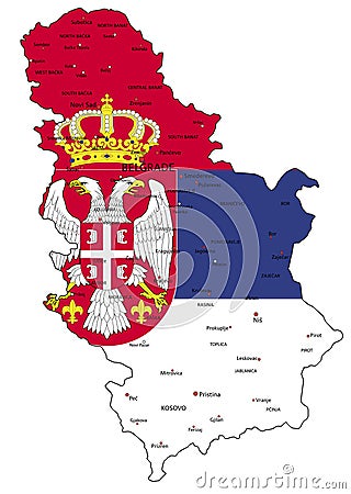Serbia detailed political map with national flag. Vector Illustration