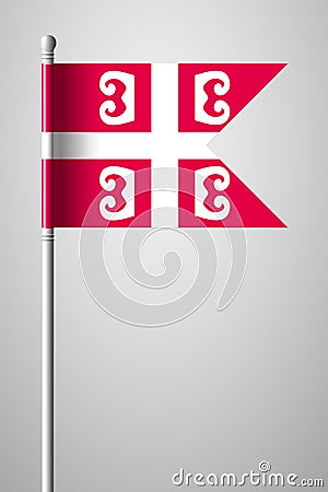Serbian Cross. National Symbol of Serbia. National Flag on Flagpole. Isolated Illustration on Gray Vector Illustration