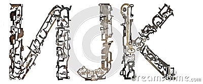 Serbian Cyrillic alphabet, letters `Ð˜, J, K` Latin `I, J, K`, assembled from metallic parts Stock Photo