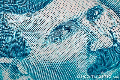 Serbian 100 dinara currency banknote, close up. Serbia money RSD dinar cash, macro view, portrait of scientist Nikola Tesla. Stock Photo