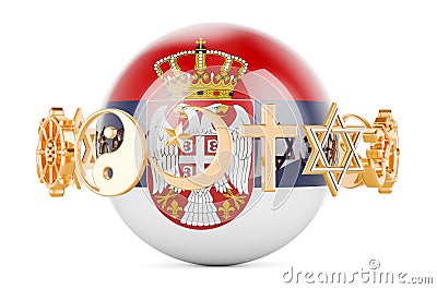 Serbian flag painted on sphere with religions symbols around, 3D rendering Stock Photo