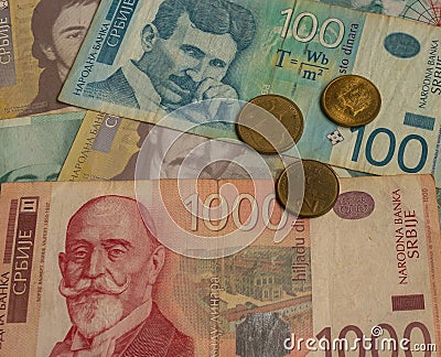 serbian national currency dinar banknotes and coins Stock Photo