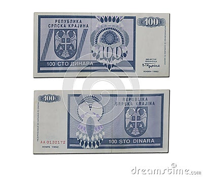 Serbian old Hundred Dinara banknotes isolated on a white background Editorial Stock Photo