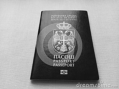 Serbian passport. New biometric document for border crossing. Official documentation. Shiny letters. Black and white monochrome Stock Photo