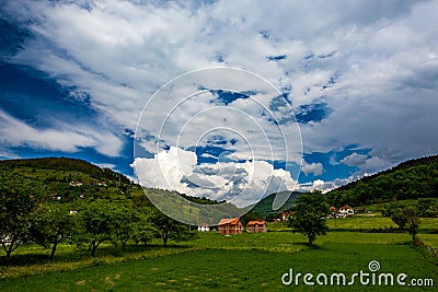 Serbian rural village green springtime landscape Stock Photo