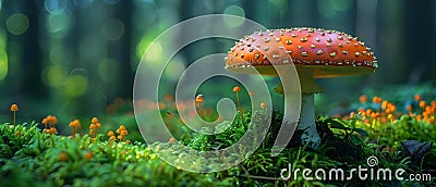 Serene Amanita Amidst Mossy Realm. Concept Fantastical Mushrooms, Enchanted Forest, Magical Stock Photo