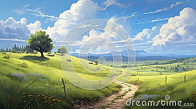 Serene Anime Art: A Dreamy Journey Through A Green Mountain Valley Stock Photo