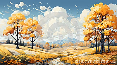 Serene Autumn Landscape: Colorful Leaves Falling From Trees Cartoon Illustration