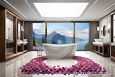 A serene bathroom with a bathtub surrounded by fragrant Stock Photo