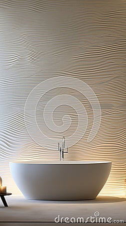 A serene bathroom featuring a 3D wave pattern on the walls, Stock Photo