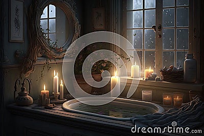 a serene bathroom, with a flickering candle and soft music, for a moment of peace and tranquility Stock Photo