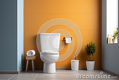 Serene bathroom setting features a white ceramic toilet set against a calming blue wall Stock Photo