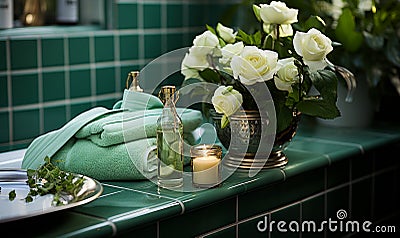 A Serene Bathroom Setting with Flower Arrangement and Soft Candlelight Stock Photo