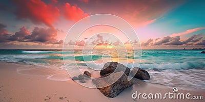 Serene beach at sunrise with a multicolored sky behind. Paradise tropical beach at sunset, sea waves and surf, fine sand Stock Photo