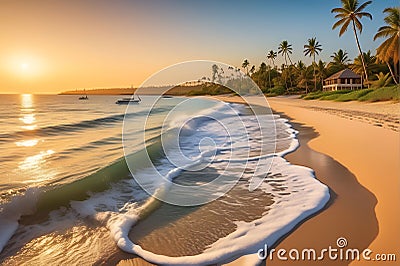A Serene Beach at Sunset: Golden Hues Bathing the Fine Sand, Gentle Waves Lapping at the Shore, Distilling Tranquility Stock Photo