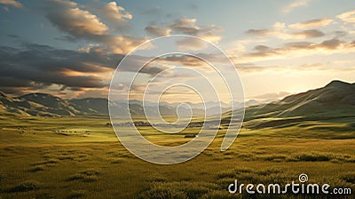 Golden Hour Valley: Hyper Realistic Grassy Landscape With Earthy Tones Stock Photo