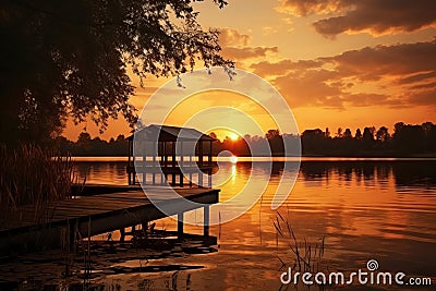 The serene beauty of a golden lake at dusk Stock Photo