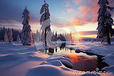 The serene beauty of winter, illuminated by a captivating sunset Stock Photo