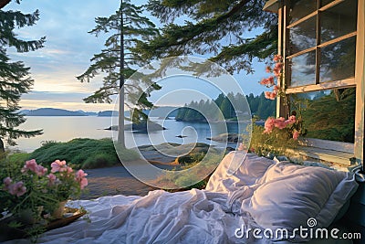 Serene bedroom with rumpled white bedding and breathtaking ocean view through large window Stock Photo