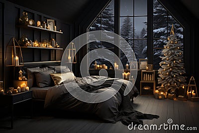 A serene black minimal bedroom with gold holiday decor, featuring a cozy bed with festive pillows and blankets for a peaceful Stock Photo