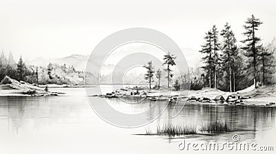 Serene Black And White Ink Wash Drawing Of Pine Trees By The Lake Stock Photo