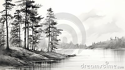 Serene Black And White Landscape Sketch Of Pine Trees By Bayard Wu Stock Photo