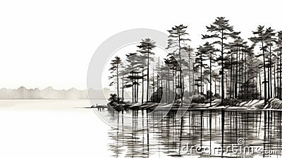 Serene Black And White Pine Tree Sketch Along Water Stock Photo