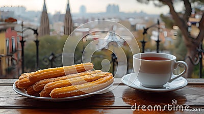 Cozy morning with fresh churros and tea overlooking the cityscape. enjoy a warm breakfast with a view. AI Stock Photo